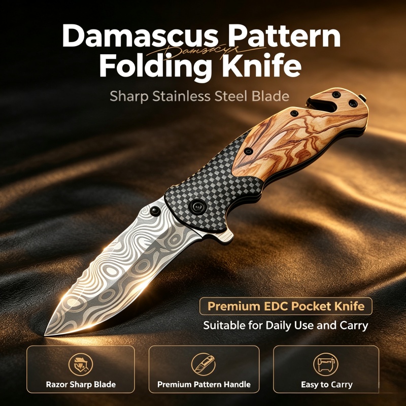 Damascus Pattern Folding Knife - Edc Carry Pocket Knife ulasan dan harga